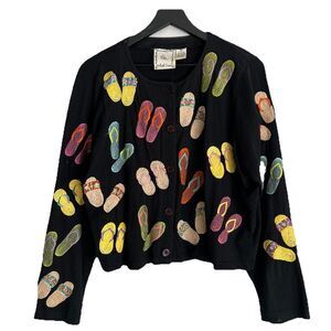 Michael Simon Lite Cardigan Womens XL Black Flip Flop Embroidered Cotton
